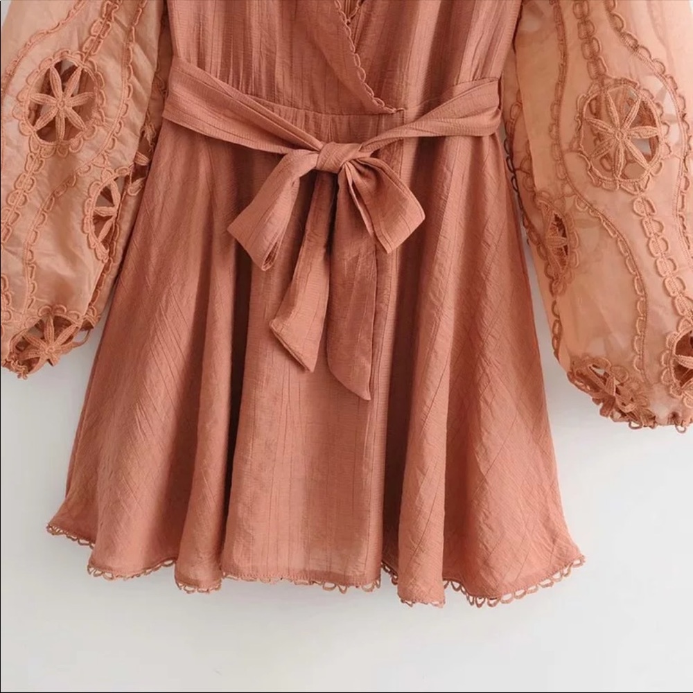 Lantern Puff Crochet Sleeve Boho Gypsy Dress Rust - Picture 7 of 8
